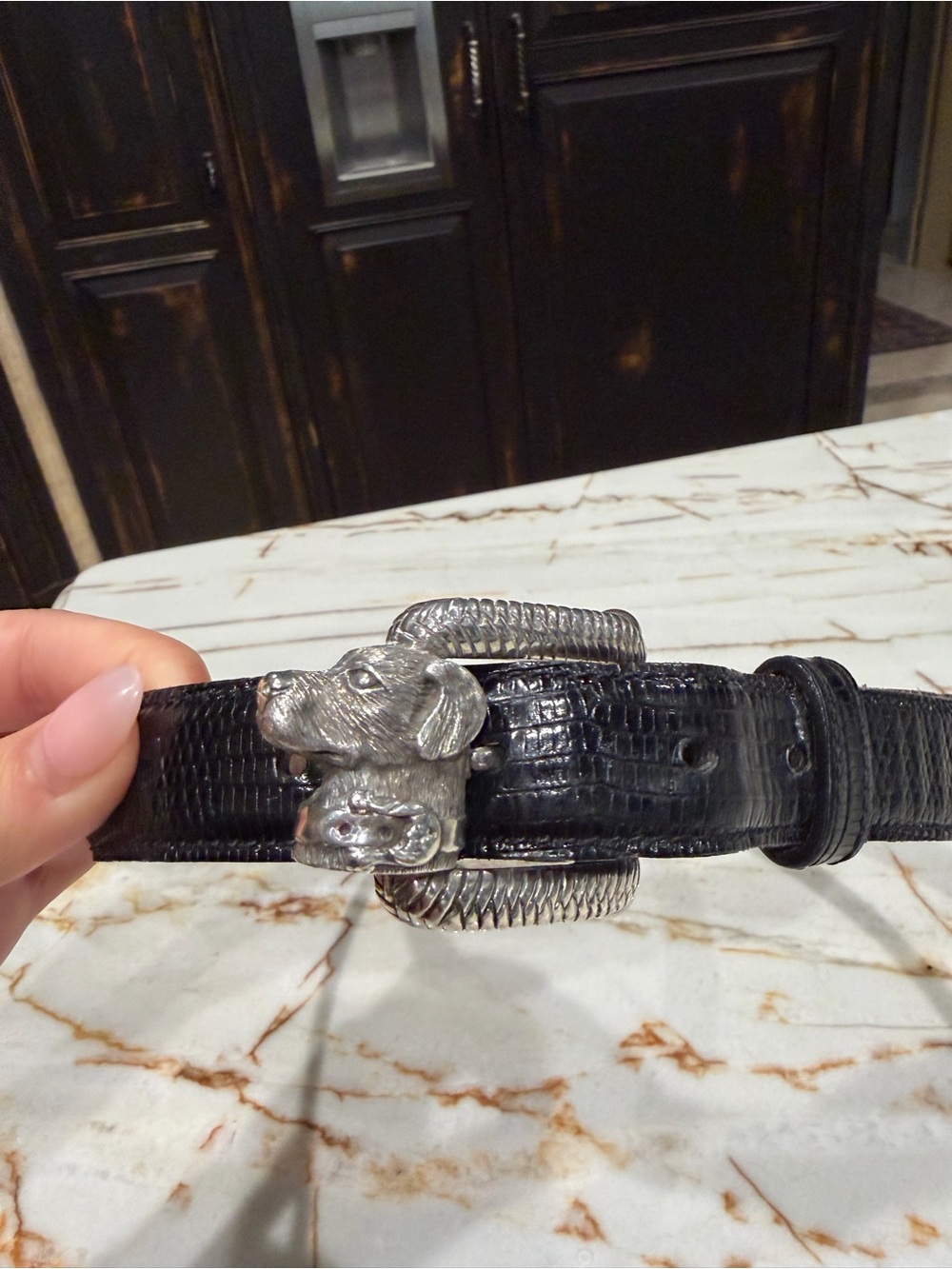 Authentic Barry Kieselstein-Cord Labrador Dog Buckle Black Genuine Lizard Belt